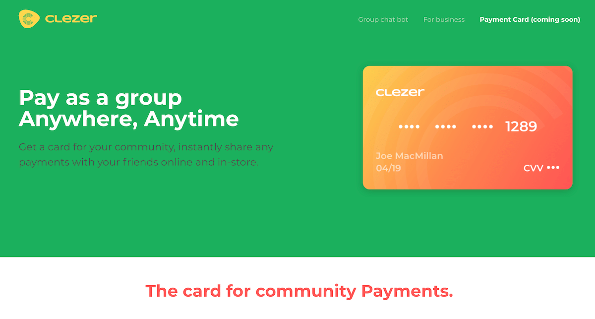 Clezer landing page, payment card