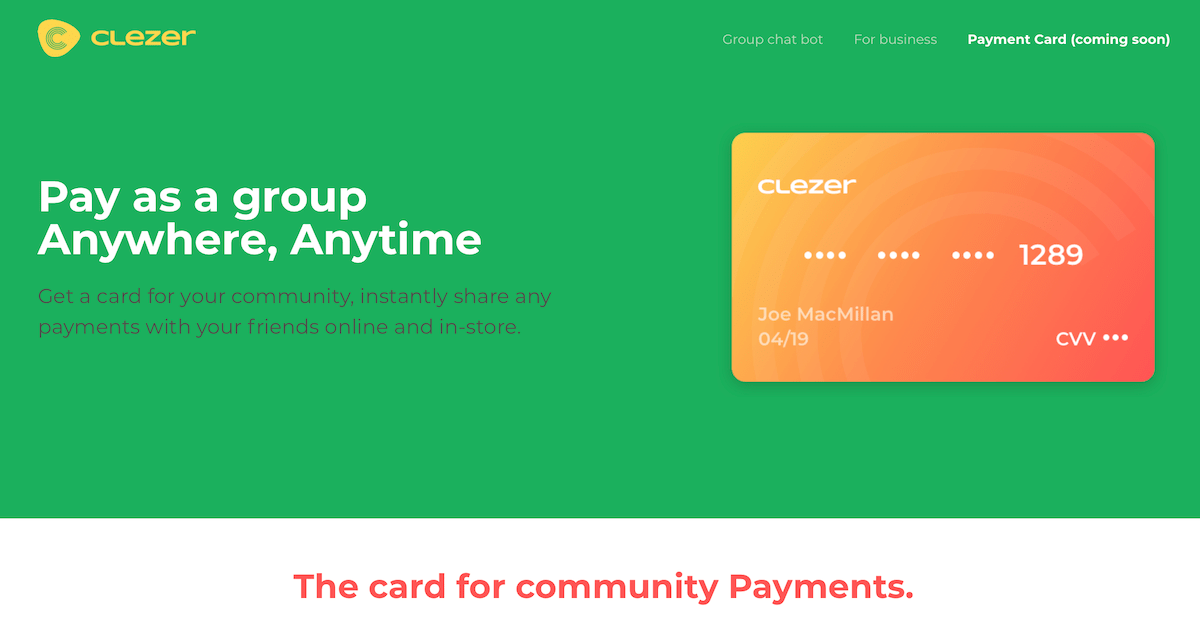 Clezer landing page, payment card Clezer landing page, payment card